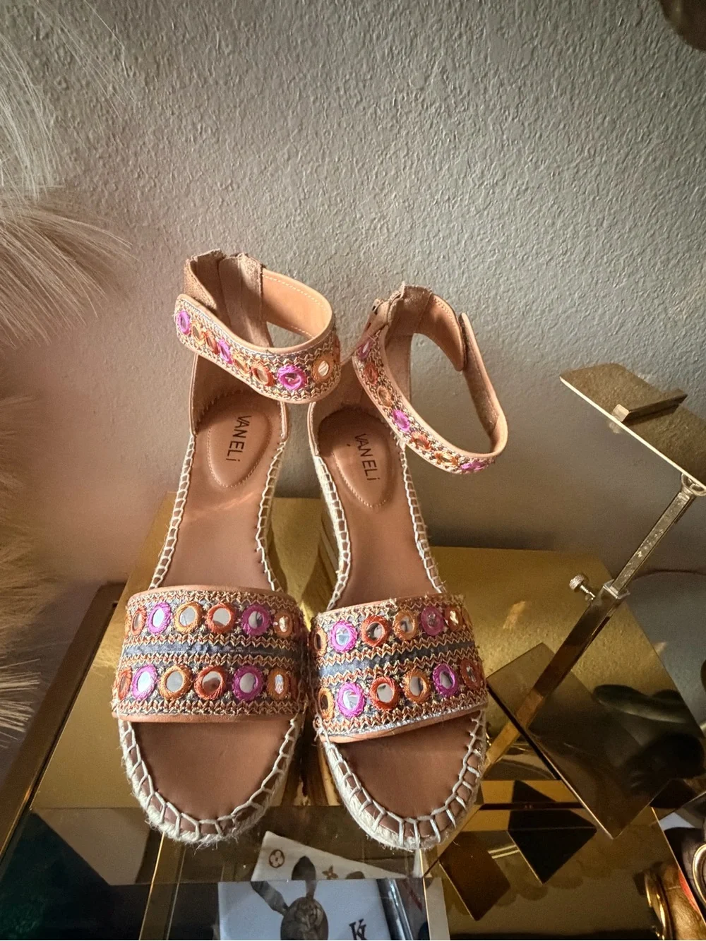 Van Eli Embellished Espadrille Wedge Sandals Ankle Strap Size 6.5M